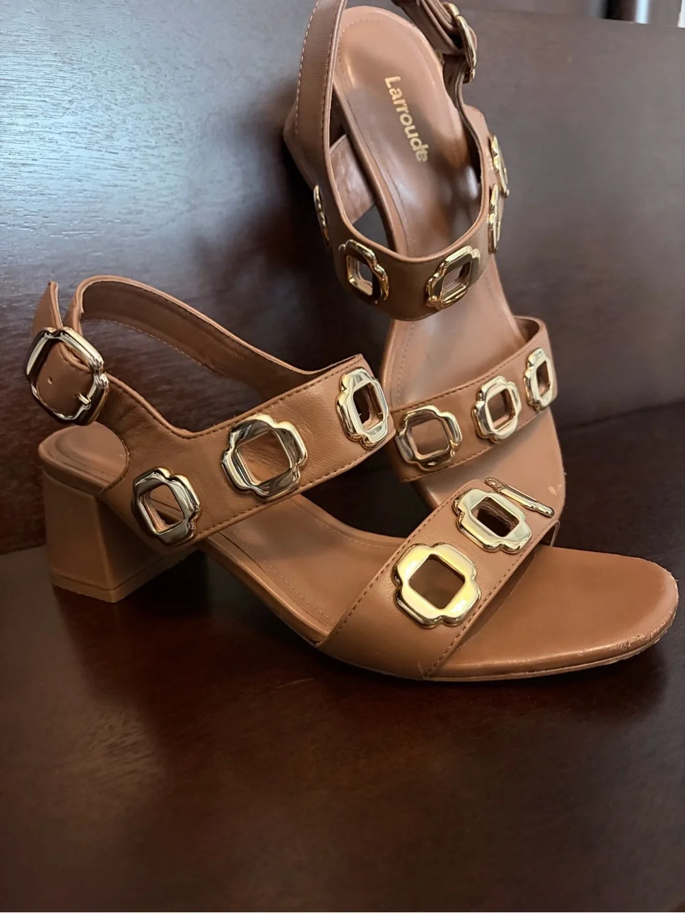 Larroude Tan Leather Slingback Heeled Sandals w/ Gold Geometric Detail -Sz 7.5